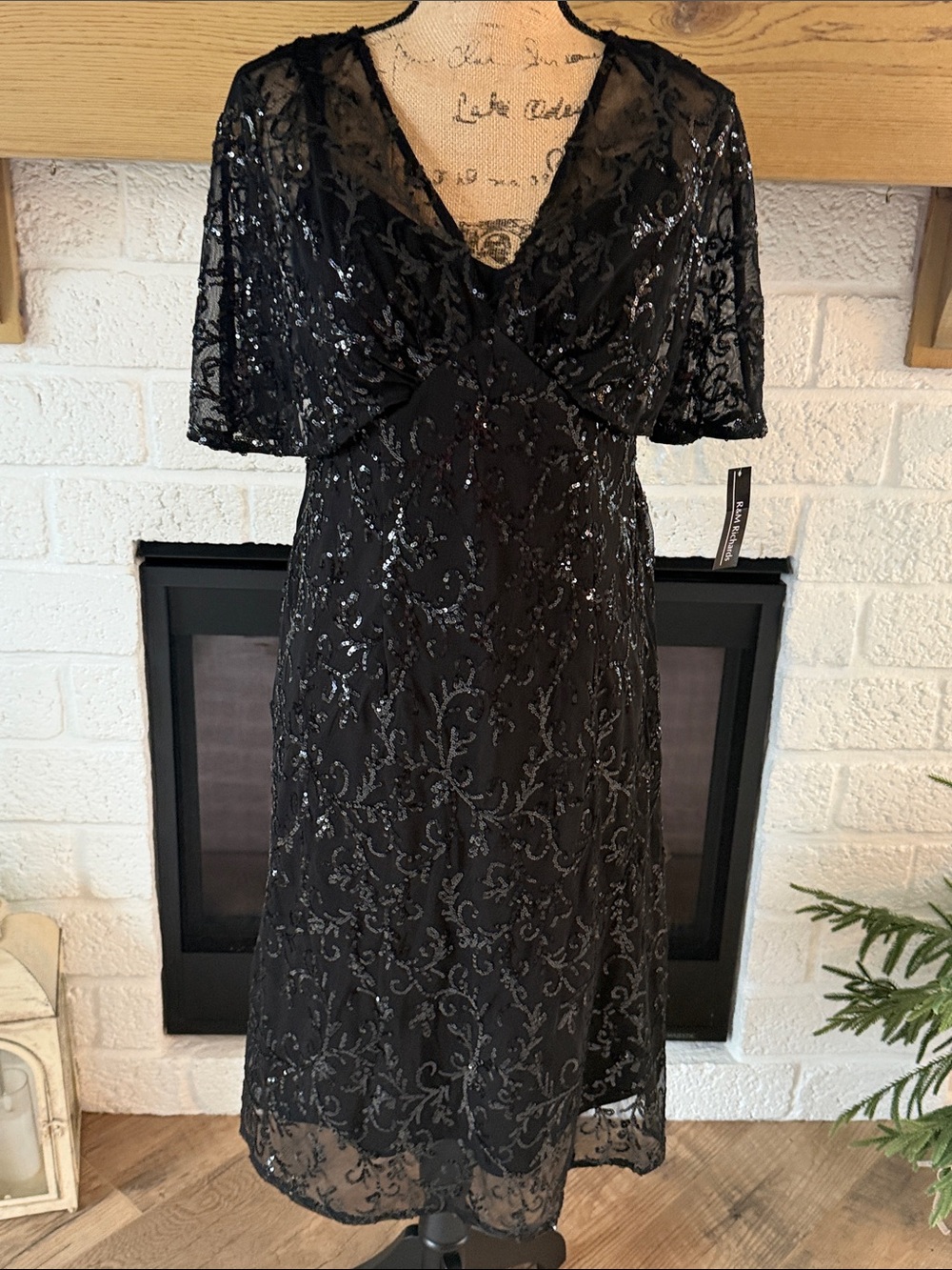 R&M Richards Black Sequin Midi Dress with V-Neck